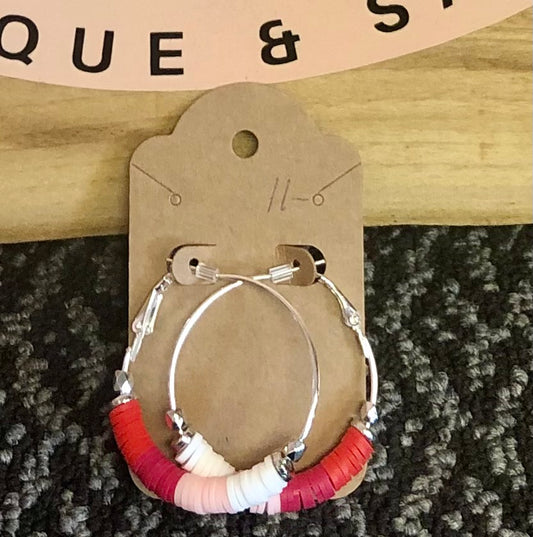 Coral/Red white and peach medium hoop earrings