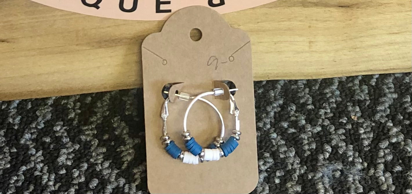 Blue and white small silver hoops