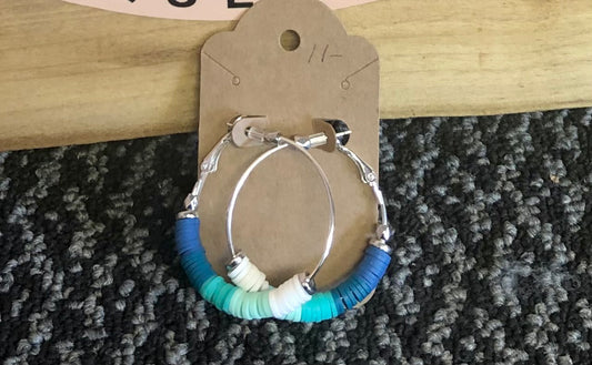 Blue, teal and white hoop earrings