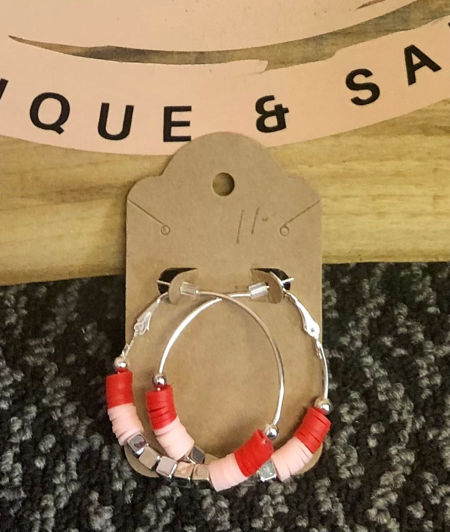 Red/Coral, peach with silver block hoop earrings