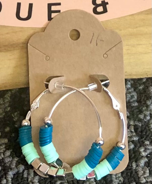 Teal and blue with silver block medium hoop earrings